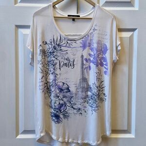 B.L.E.U. White and Purple Paris Print Short Sleeve Top Size XL